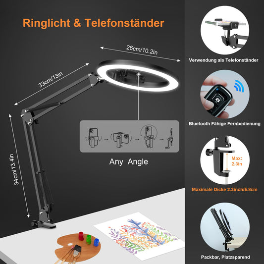 Evershop Ringlicht mit Stativ Handy Overhead,10” Ring Light mit Fernsteuerung Ringleuchte Flexibel Streaming Tisch Laptop Licht 3Lichtfarben+10 Helligkeiten 360°Drehbar Beleuchtung für Tiktok YouTube