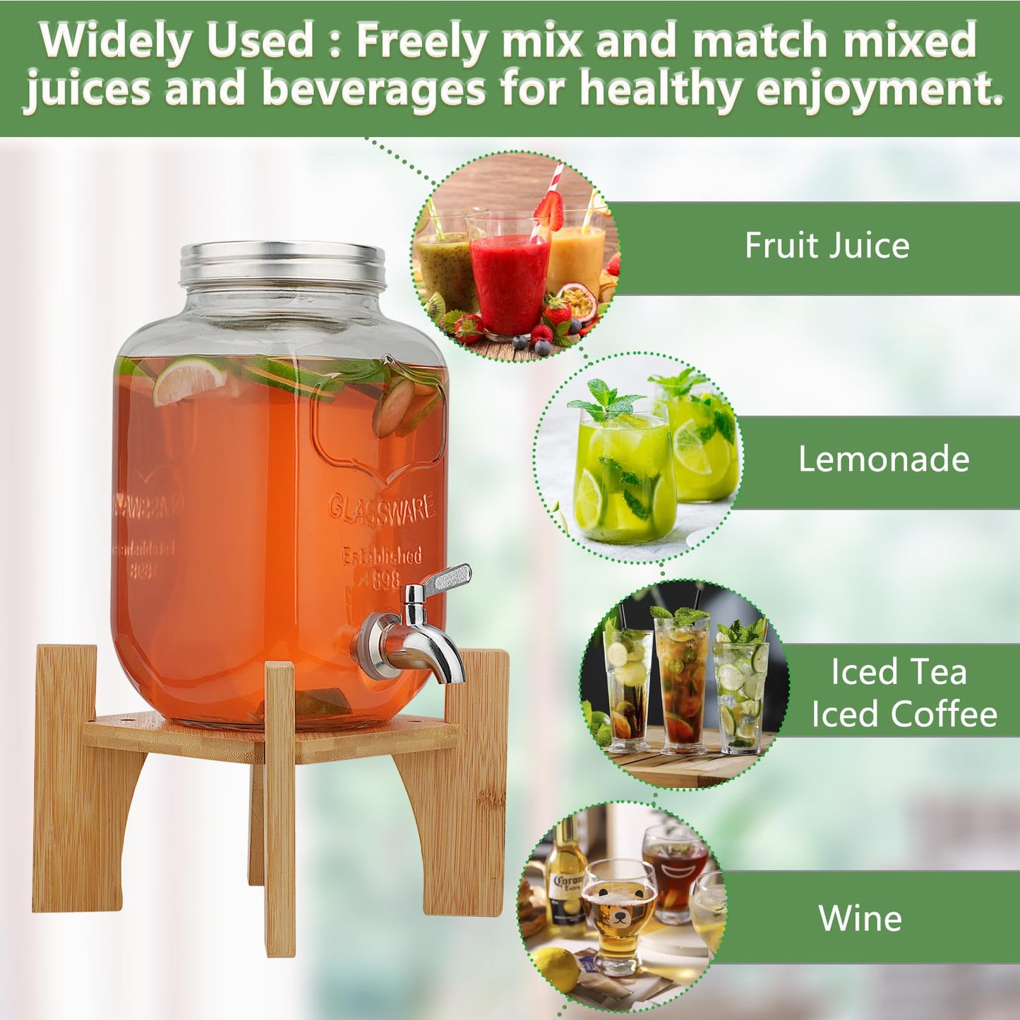 Hiziwimi 4L Getränkespender mit Ständer, Getränkespender aus Glas mit Zapfhahn aus massivem Edelstahl (4L-Glas mit Ständer aus Bambus)