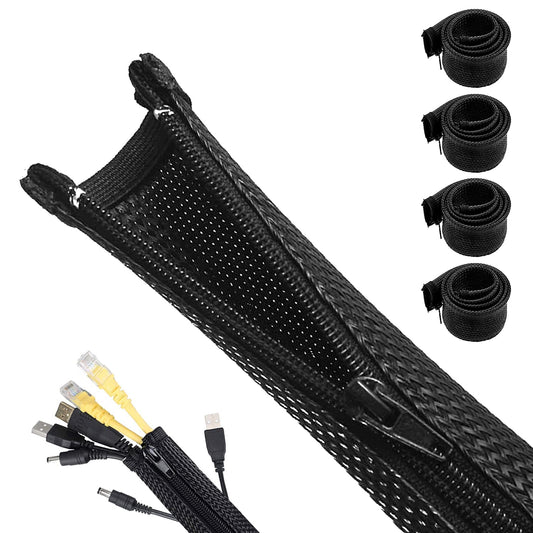 4 Stück X 1.5m Kabelkanal Schreibtisch Flexibel Management, kabelmanagement Schwarz mit Reißverschluss, Durchmesser 2-2.5cm, Kabelschlauch Kabel Cable Organizer Management für PC Kabelschutz