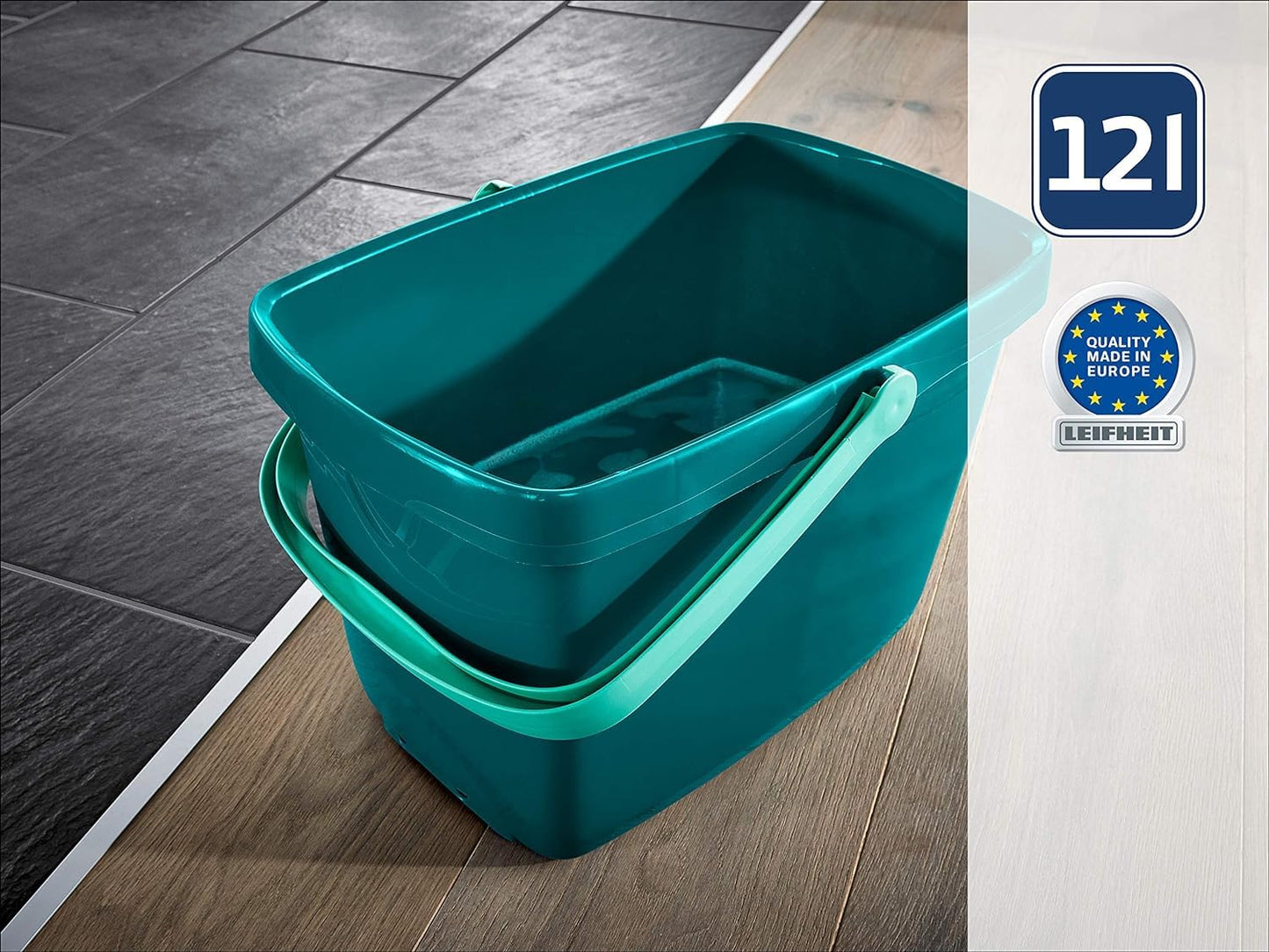 Leifheit Eimer Combi M mit 12 L Fassungsvermögen für große Bodenflächen, standfester Putzeimer in eckiger Form, vielfältig kombinierbarer Wascheimer, Blau