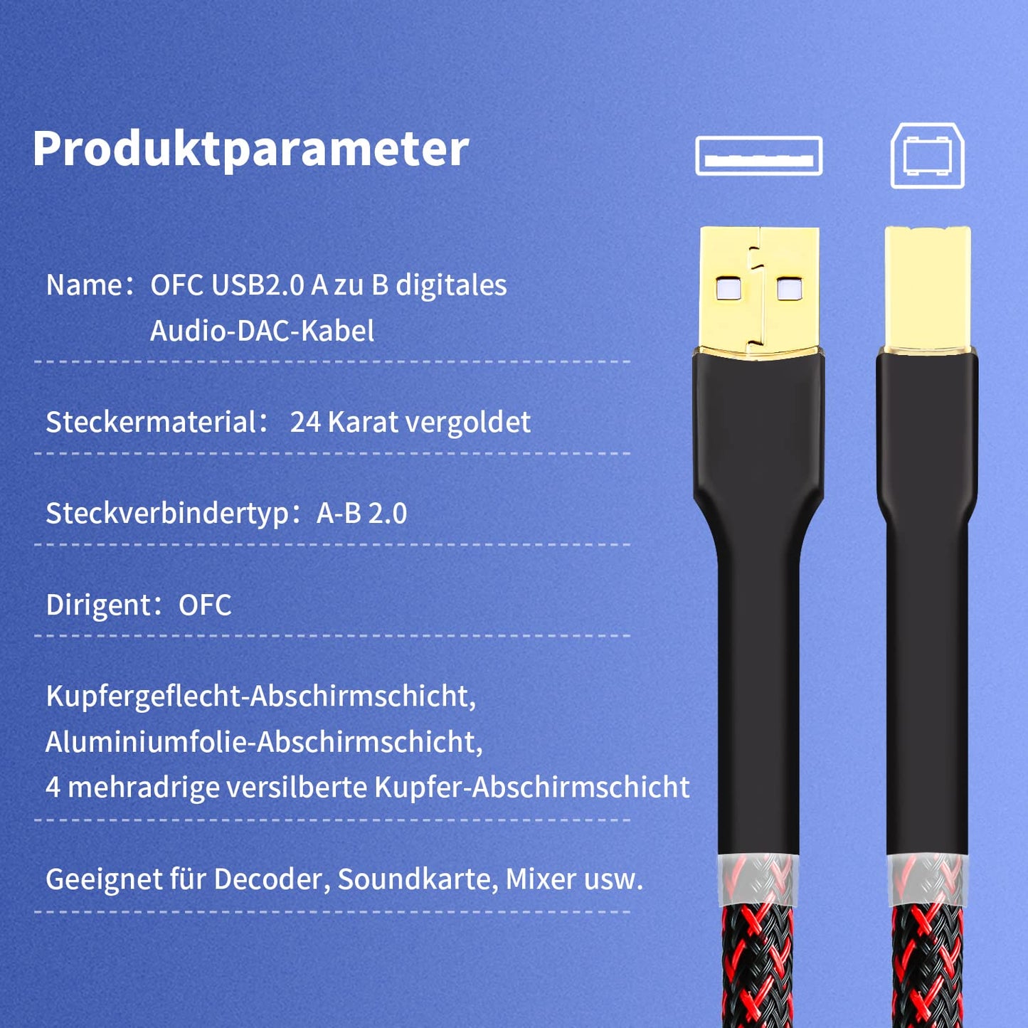 Tertullus HiFi USB Kabel 2m USB-A Auf USB-B Dac A-B USB Audio Kabel USB Druckerkabel USB Digital Kabel Für Audio-streaming, Dac Und Computer, Soundkarte, Decoder, Verstärker, Digitalplayer