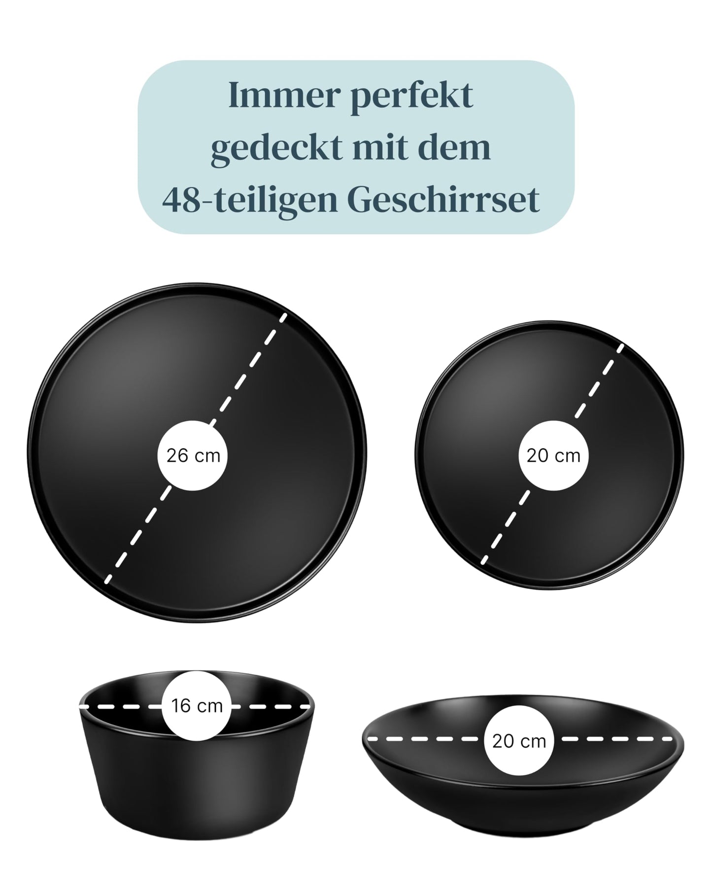 Steingut Geschirrset 12 Pers. 48-tlg Hochwertiges Steingut Geschirr Set- Schüssel- und Teller Set- Tafelservice 12 Personen Geschirrsets in matt schwarz