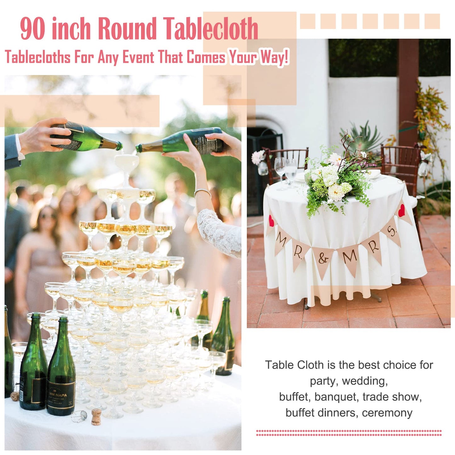 8 Stück Runde Tischdecken - 229 cm Weiß Polyester Tischdecke für Runden Tisch, Pflegeleicht Waschbare Stoff Tischdecke, Flecken und Knitterfrei Polyester Tischdecke für Hochzeits Bankett Party