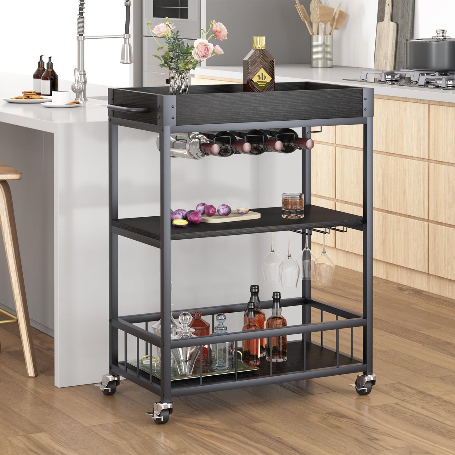 Huhote Servierwagen, Küchenwagen, Barwagen mit Rollen, Weinwagen mit Flaschenhalter, 3 Etagen, Getränkewagen für Wohnzimmer, Esszimmer, Küche, Bar, Party, Schwarz Holzmaserung