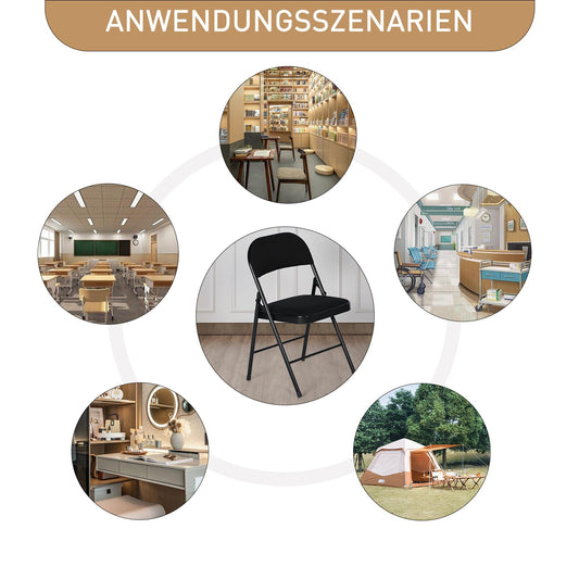 LuxNook Metall Klappstuhl 4er mit gepolsteter Rückenlehne in schwarz - Kunsttoff Bezug - Klappbarer Gästestuhl mit Polster - Küchenstuhl Beistellstul Stuhl klappbar, 150 kg belastbar