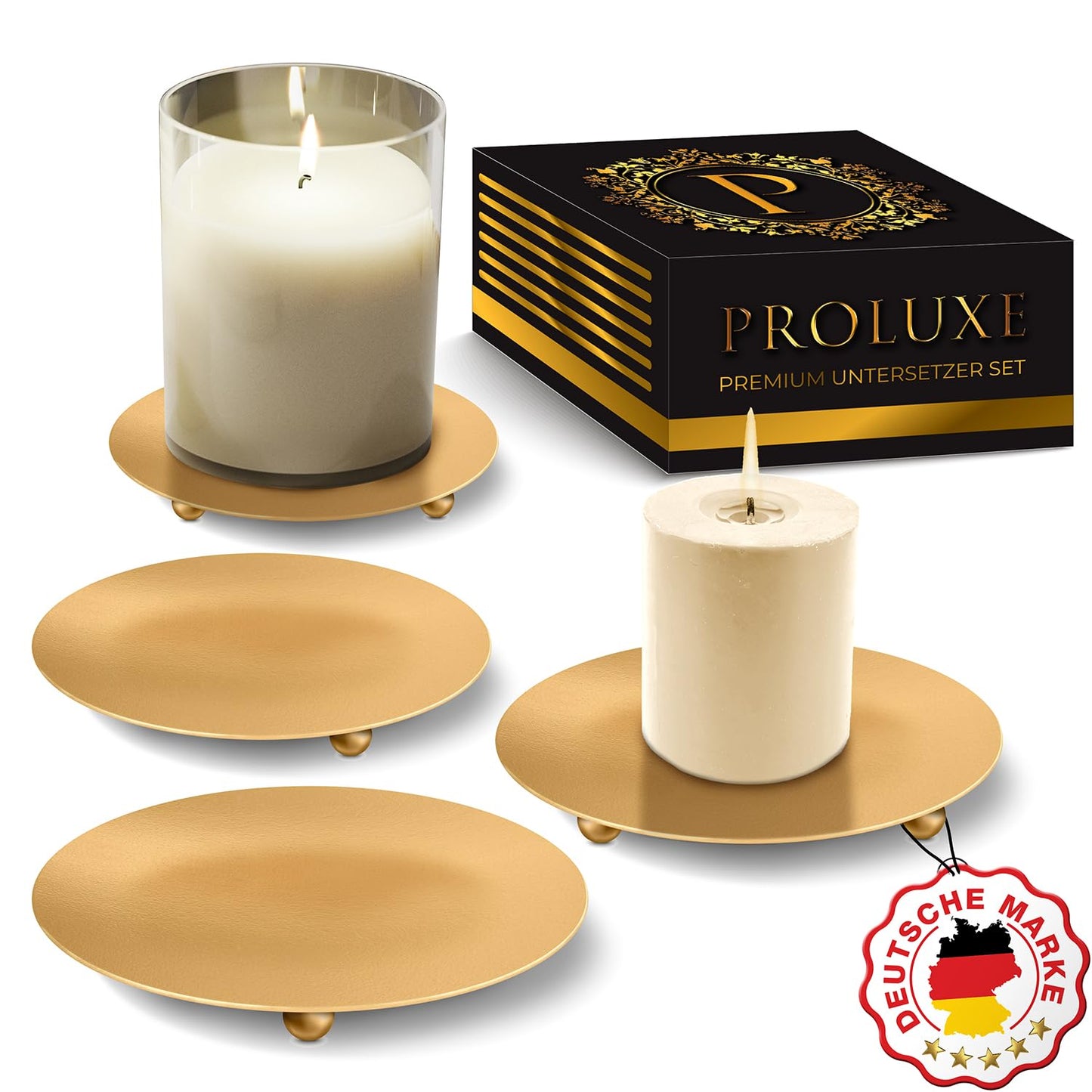 PROLUXE ® Kerzenhalter Gold 4tlg Design - Kerzenständer aus hochwertigem Metall - Kerzenuntersetzer - Premium Qualität Kerzen Deko - 4er Set Kerzenteller - Geschenkartikel