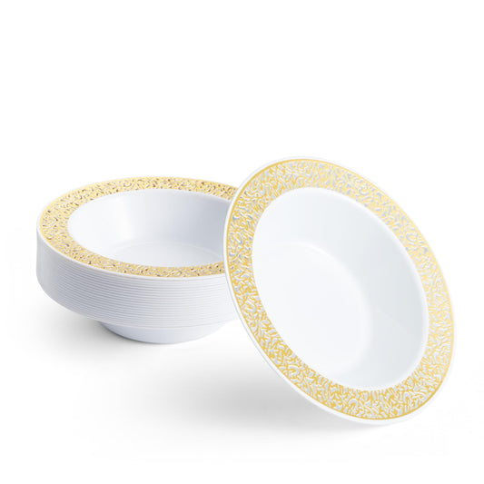 MATANA 20 Weiße Plastikschalen mit Goldrand, Suppenteller, Suppenschalen (360ml) - Suppenschüssel für Hochzeiten, Geburtstage, Taufen, Weihnachten, Partys - Mehrweg & Stabil