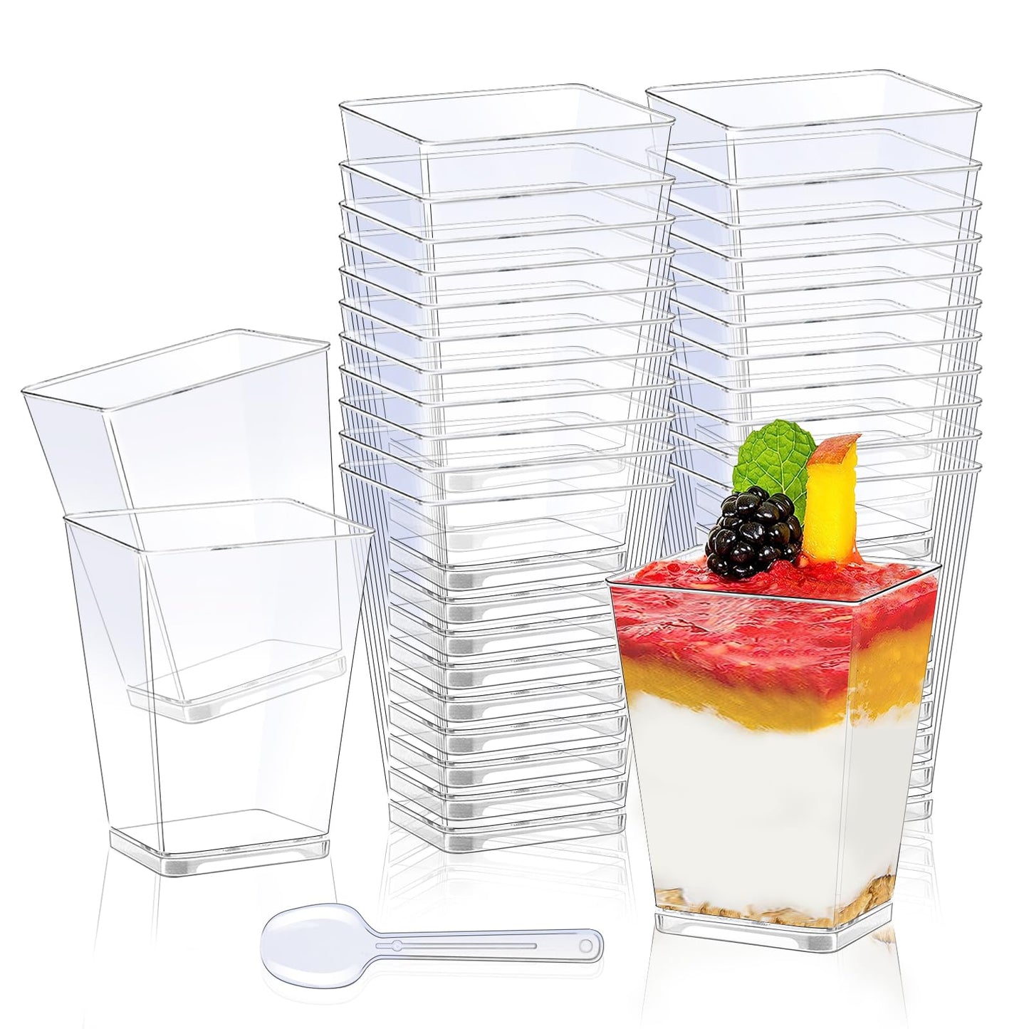 Desserttassen 50 Stück,160ml Plastik Dessertbecher mit Löffeln Wiederverwendbar Quadratisches Dessertbecher Set für Mousse Pudding Eis Buffet Hochzeiten Geburtstag Party