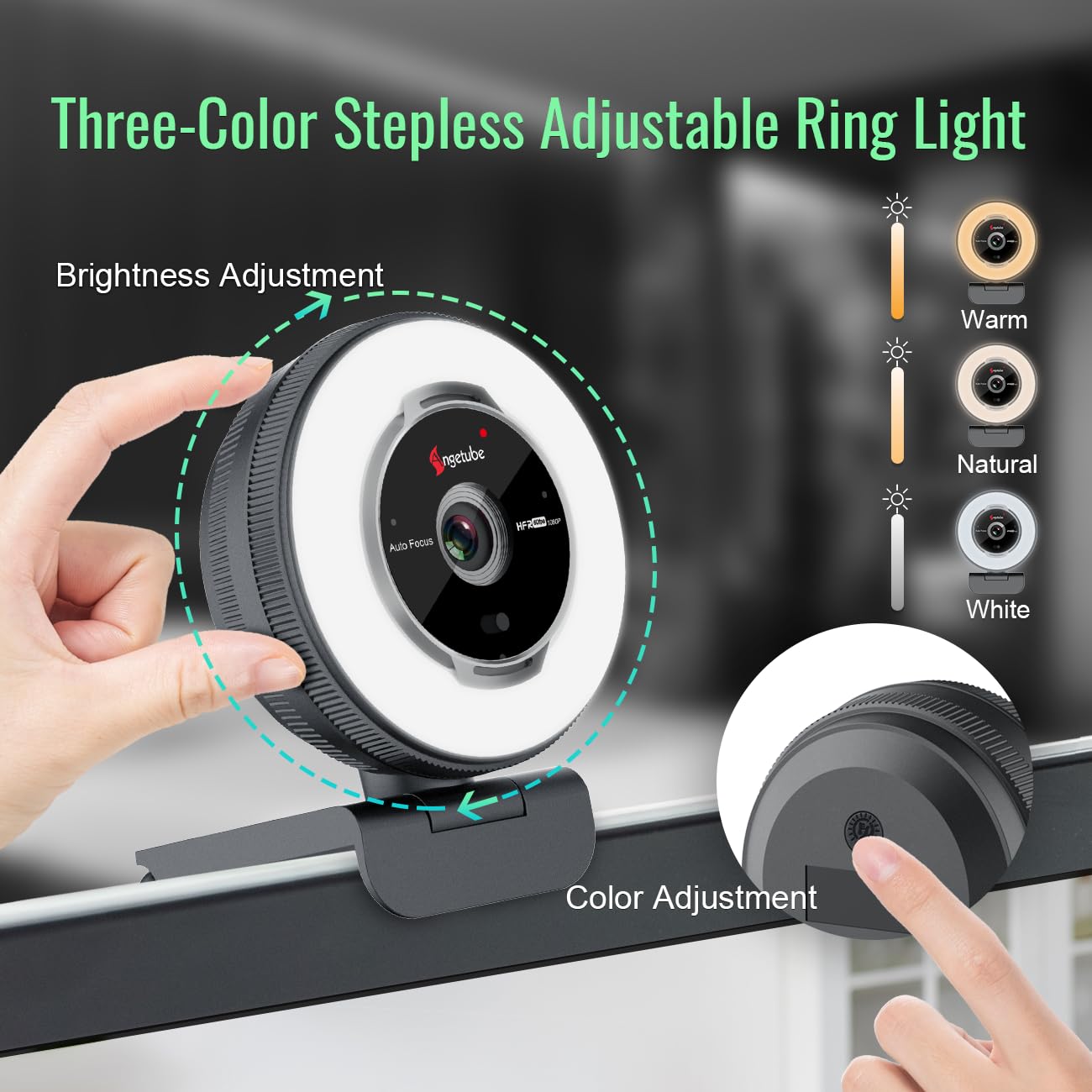 Angetube 60FPS 1080P Webcam mit Ringlicht - PC Kamera mit 5X Digitalzoom und Fernbedienung,Eingebaute Dual-Noise-Cancelling-Mikrofone und Sichtschutzabdeckung,Für PC|Computer|Laptop|Mac|Desktop