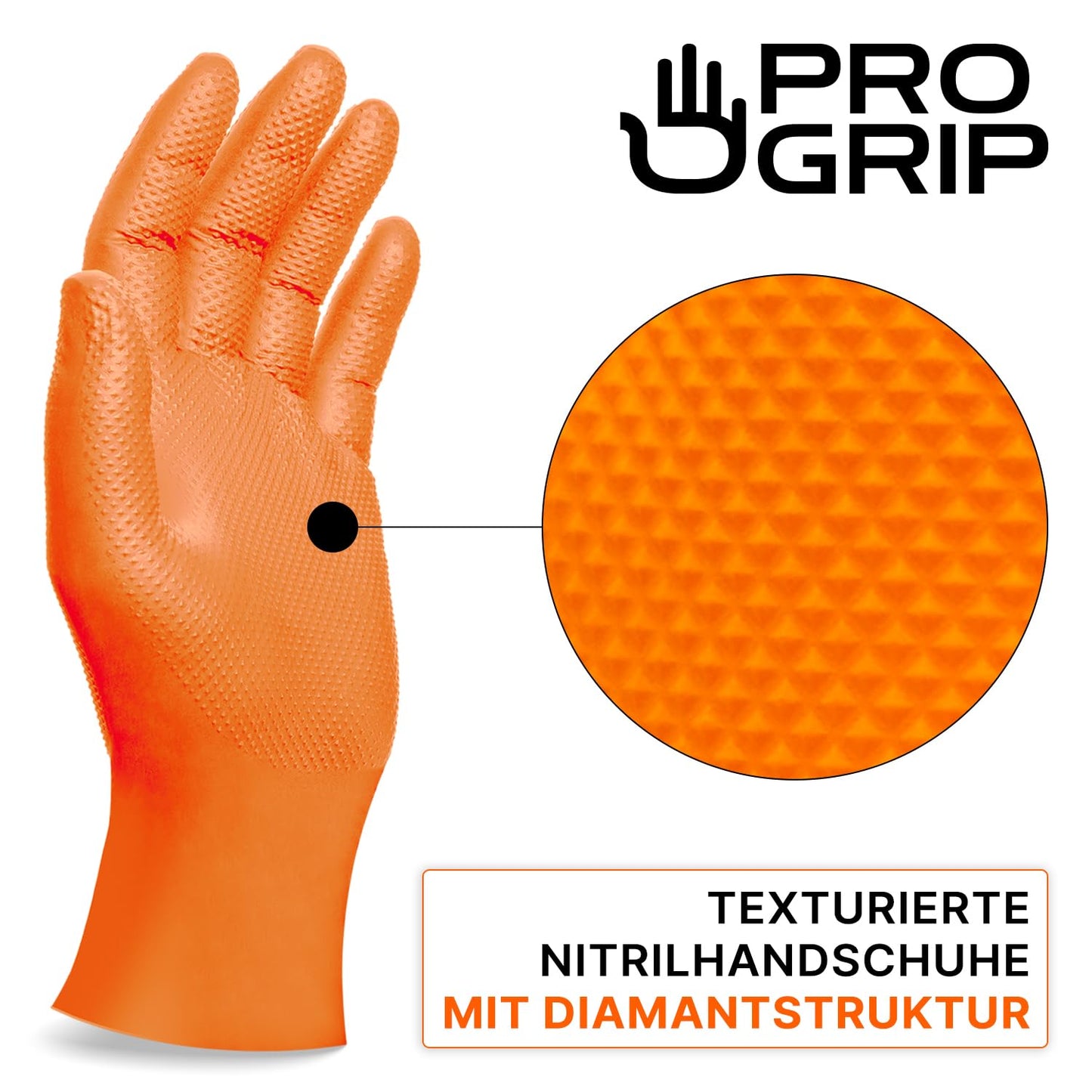 PROGRIP Einweghandschuhe Diamant Grip, Orange, Einmalhandschuhe Extra Stark, Nitrilhandschuhe Gr. M, 2x dicker, Handschuhe Einweg, Arbeitshandschuhe für Werkstatt & Montage, 50 Stk/Box