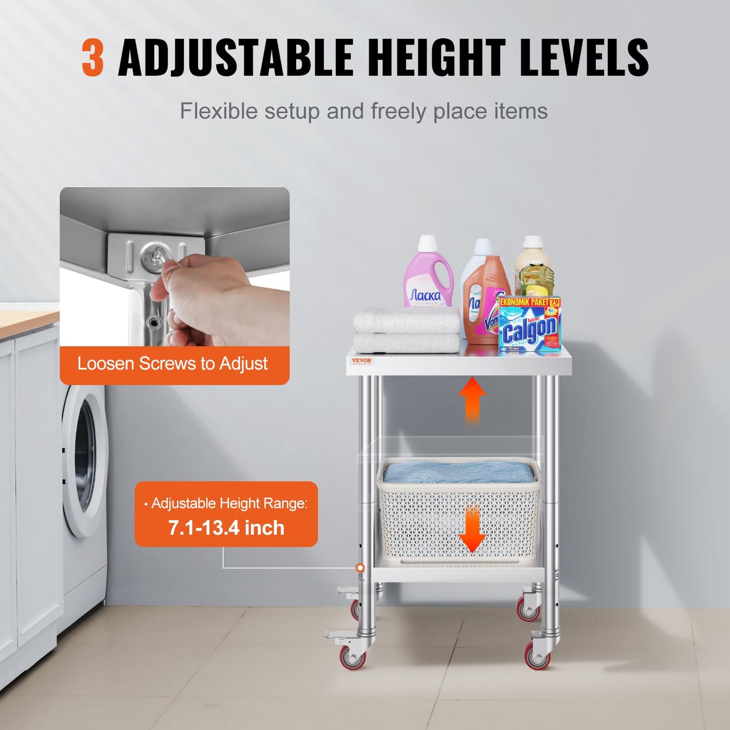 VEVOR Arbeitstisch 61 x 46 x 86 cm Edelstahl Catering Arbeitstisch 100 kg für Belastbarkeit Lebensmittel Zubereitungstisch Gewerbliche Arbeitstisch für Küche Bar Restaurantar 4 verstellbare Füße