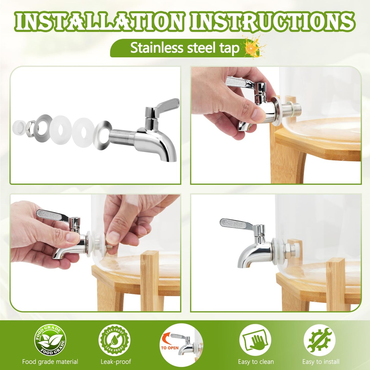 Hiziwimi 4L Getränkespender mit Ständer, Getränkespender aus Glas mit Zapfhahn aus massivem Edelstahl (4L-Glas mit Ständer aus Bambus)