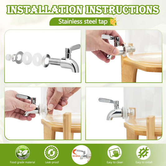 Hiziwimi 4L Getränkespender mit Ständer, Getränkespender aus Glas mit Zapfhahn aus massivem Edelstahl (4L-Glas mit Ständer aus Bambus)
