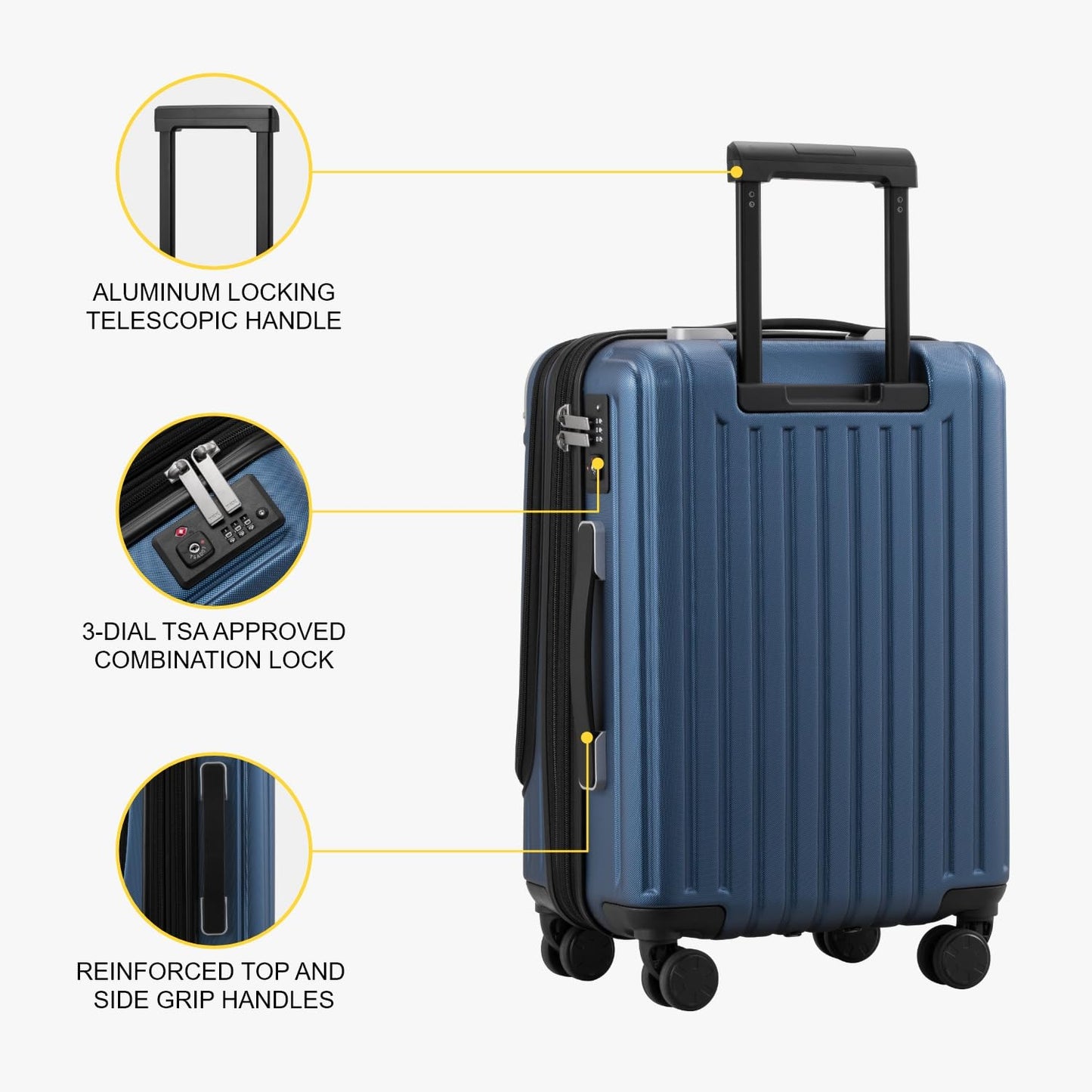 LEVEL8 Koffer Trolleys Leicht ABS+ PC Handgepäck Hartschalen-Koffer Trolley Rollkoffer Reisekoffer Erweiterbar, TSA, 4 Rollen, 55 cm, 36-42 Liter, Blau