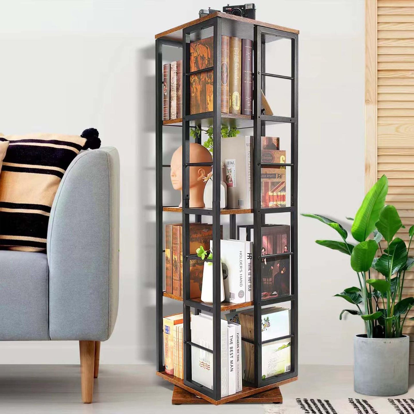 Nivadeui Drehbares Bücherregal 5 Etagen Schwarz, 360° Drehbarer Holzregal, Freistehendes Standregal für Wohnzimmer und Schlafzimmer