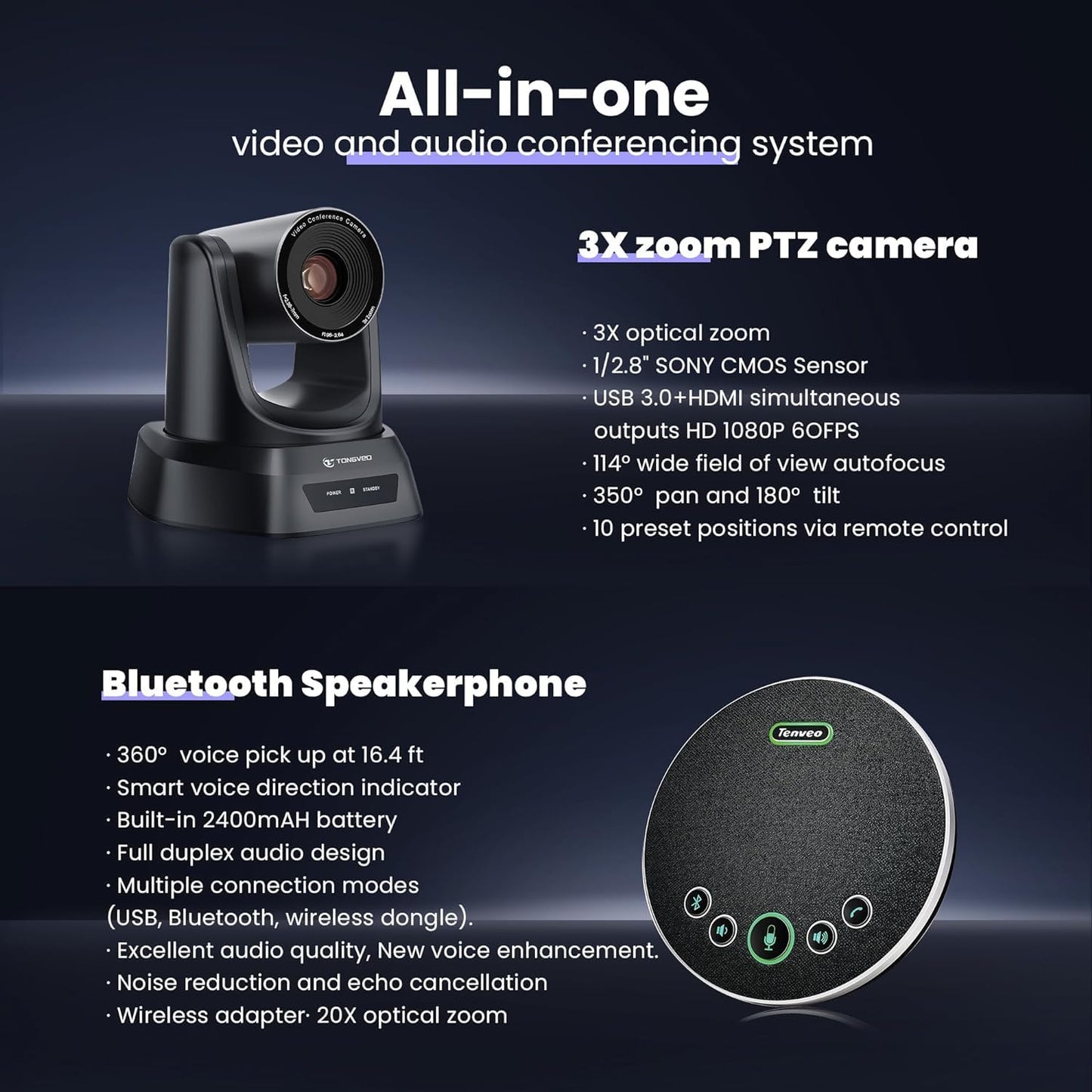 TONGVEO Konferenzraum-Kamera-System mit Bluetooth-Mikrofon, 3X 1080P 60fps USB HDMI PTZ Video-Kamera-Kit für Meeting Ausbildung Kirche funktioniert mit Microsoft Teams, Zoom, OBS, PC(Cam + Mic)