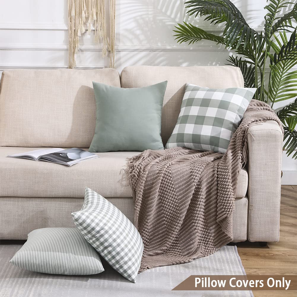 CARRIE HOME Farmhouse Salbeigrün Plaid Kissenbezüge 45.7x45.7 cm, 4er-Set Frühling Neutral Wurfkissen, Hellgrün kariert, dekorativer Kissenbezug für Innenbereich, Couch, Bett oder Veranda, Grau,Grün