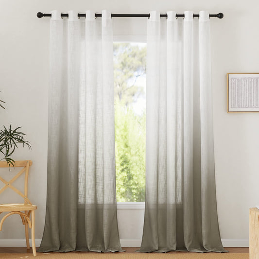 PONY DANCE Wohnzimmer Vorhänge Leinenoptik Vintage Gardinen Halbtransparent H 245 x B 140cm Ösenvorhang 2er Set Weiße Gardine mit Farbverlauf Vorhang Halbtransparent, Taupe