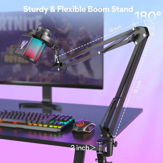 MAONO Gaming USB Mikrofon, Noise Cancellation Kondensator Mic mit Mute, Gain, Monitoring, Galgenarm, Pop-Filter für Streaming, Podcast, Twitch, YouTube, Discord, PC, Computer, PS5, Mac, DGM20S