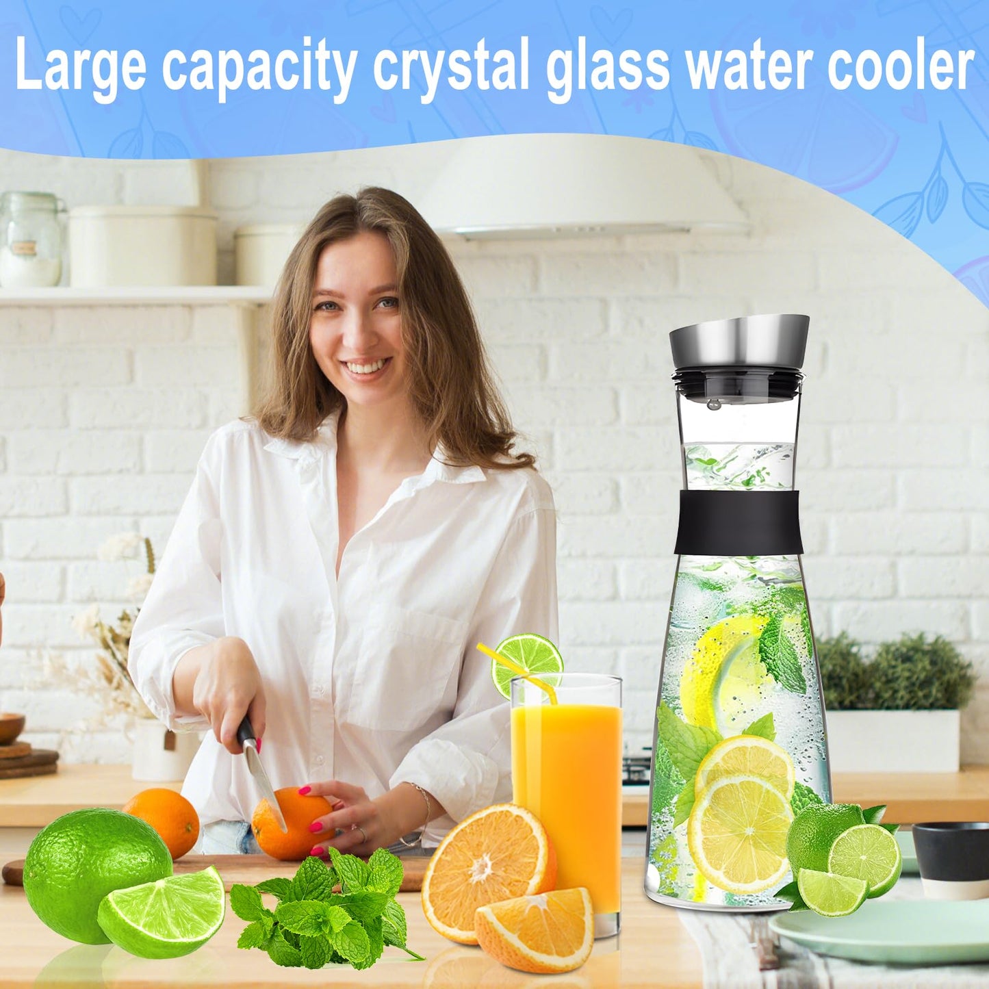 FAMKEEP Glas Karaffe,1200 ML Karaffe mit Deckel aus Edelstahl,Wasserkaraffe,Saft Krug,Glaskaraffe Benutzt für Eistee Heißes Kaltes Wasser Milch Kaffee Wein