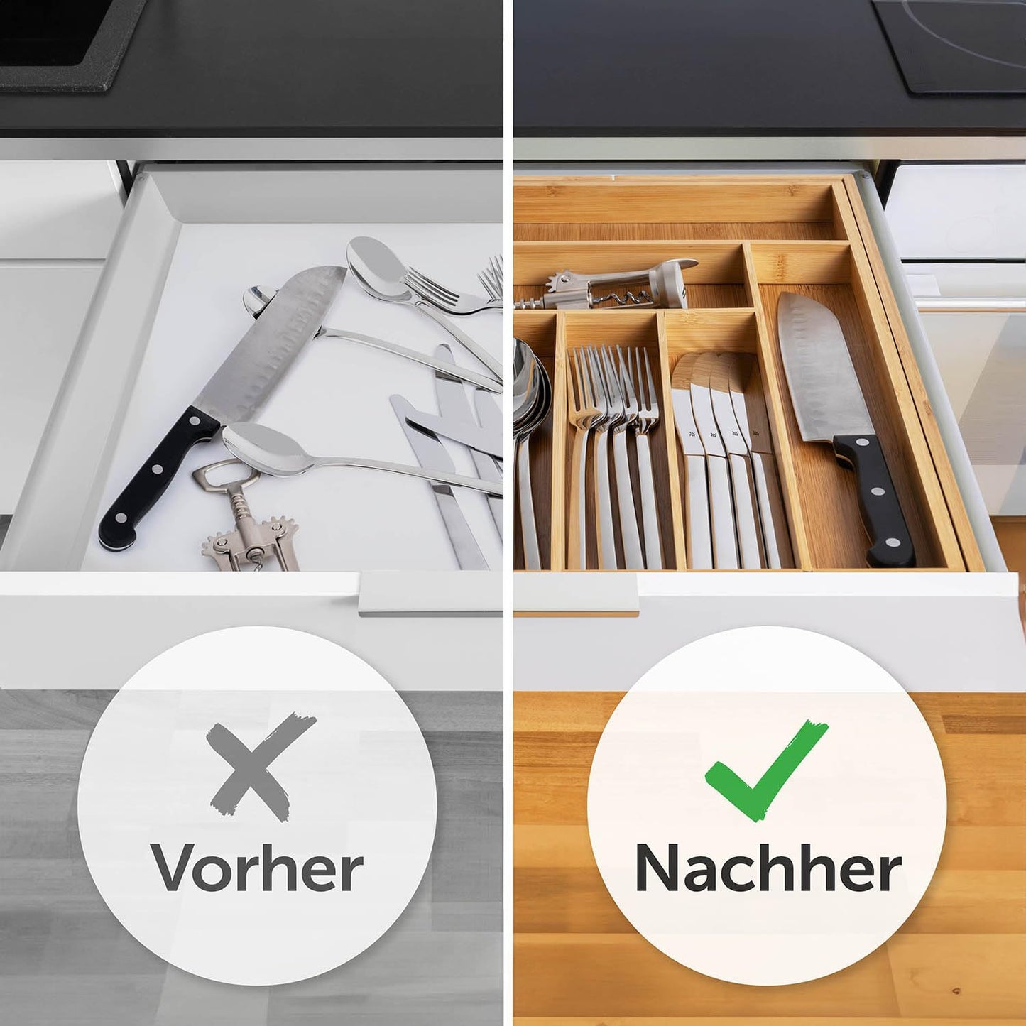Blumtal Besteckkasten aus Bambus - größenverstellbarer Schubladentrenner Küche - Besteck Organizer 5 bis 7 Fächer - ausziehbare Schublade für Küchenschubladen - Organizer Küche Besteck in medium