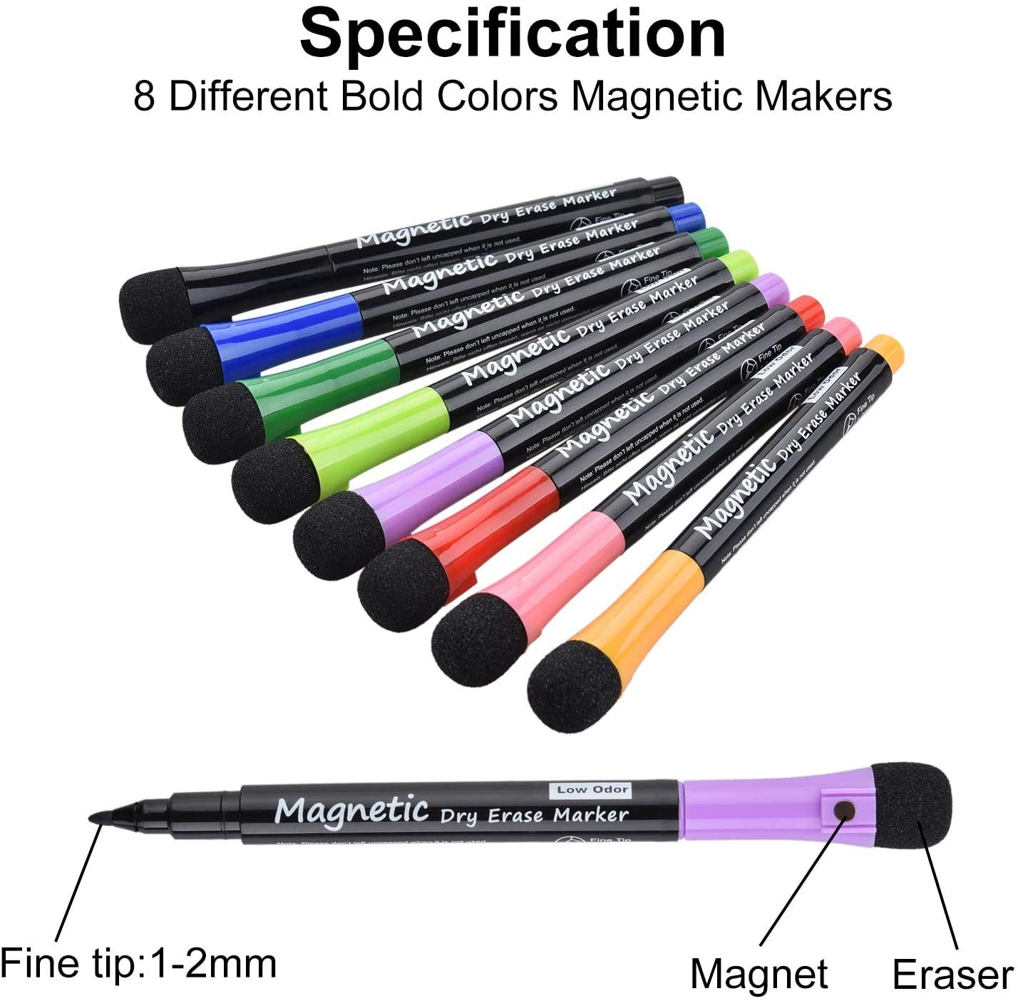 Willingood Whiteboard Marker, Magnetisch Whiteboard Schwamm mit Stifte, 2 in 1 Kreidemarker mit 8 Farben, Trocken Abwischbar, Rundspitze 1-2mm, Perfekt für Zuhause Schule Büro