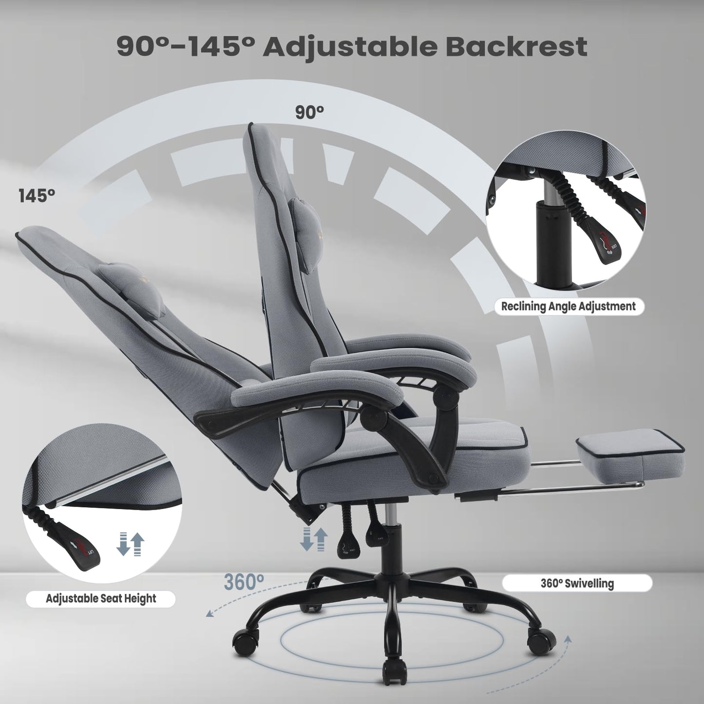 WOLTU Gaming Stuhl mit Taschenfederkissen, Gaming Sessel 150 kg Belastbarkeit, ergonomischer Drehstuhl, Gamer Stuhl mit Kopfkissen, Lendenkissen, Fußstütze, Netzstoff, Grau,GS11gr