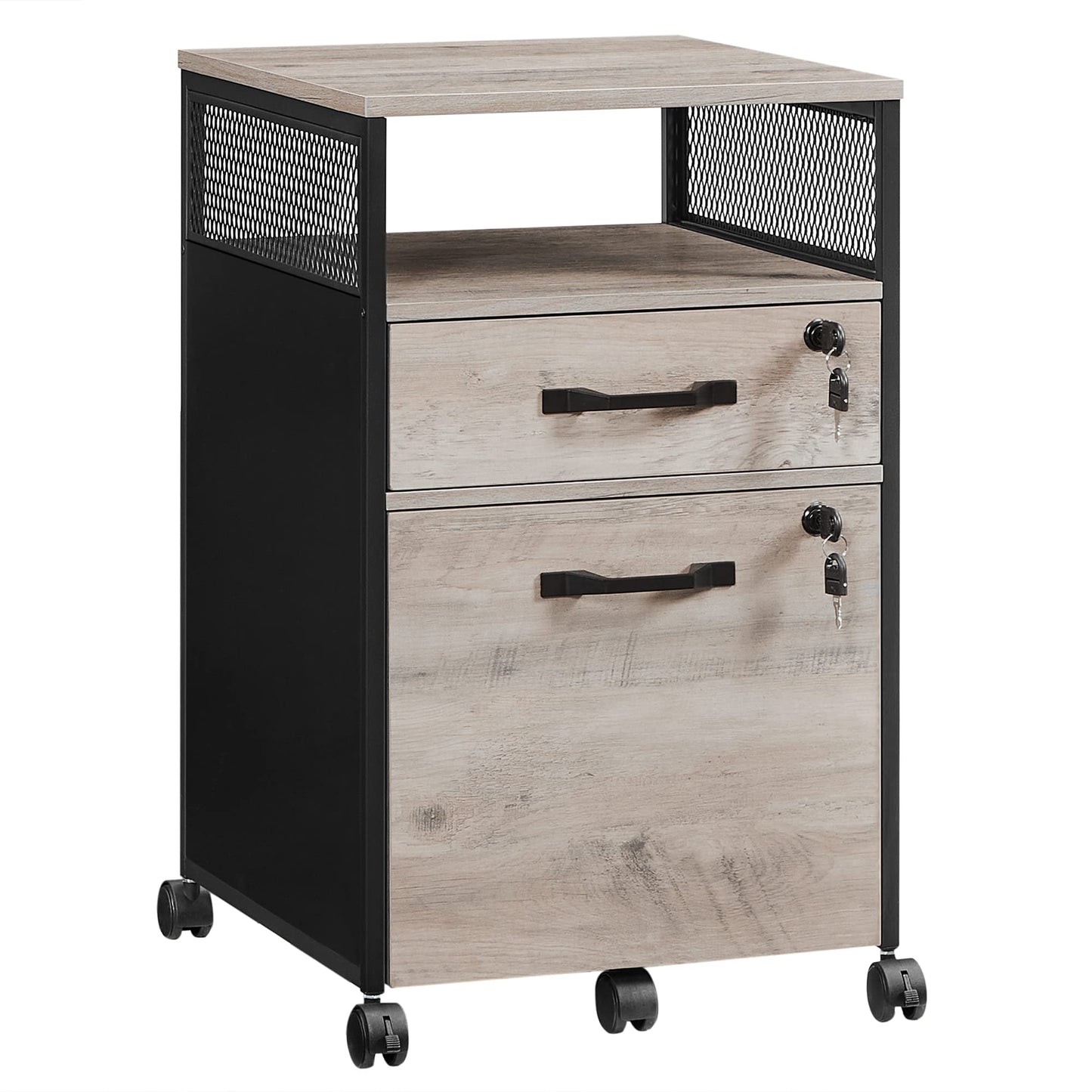 VASAGLE Rollcontainer, Aktenschrank mit 2 Schubladen, mobiler Büroschrank mit Rädern, offenes Fach, Hängeregistratur, Stahlgestell, Industrie-Design, greige meliert-tintenschwarz OFC077B02