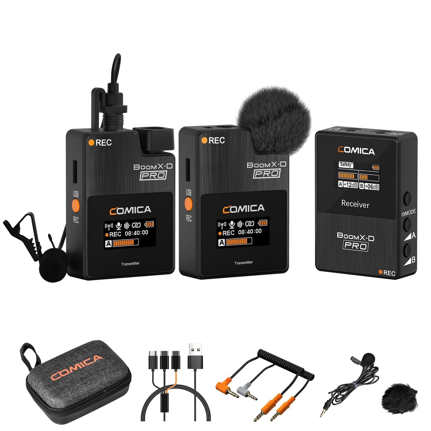 COMICA BoomX-D PRO 2.4G Wireless Lavalier Mikrofon, 16GB On-Board Recording, Rauschunterdrückung mit Einem klick, Funkmikrofon Ansteckmikrofon für Kamera, Smartphone, PC, Live Stream(Schwarz)