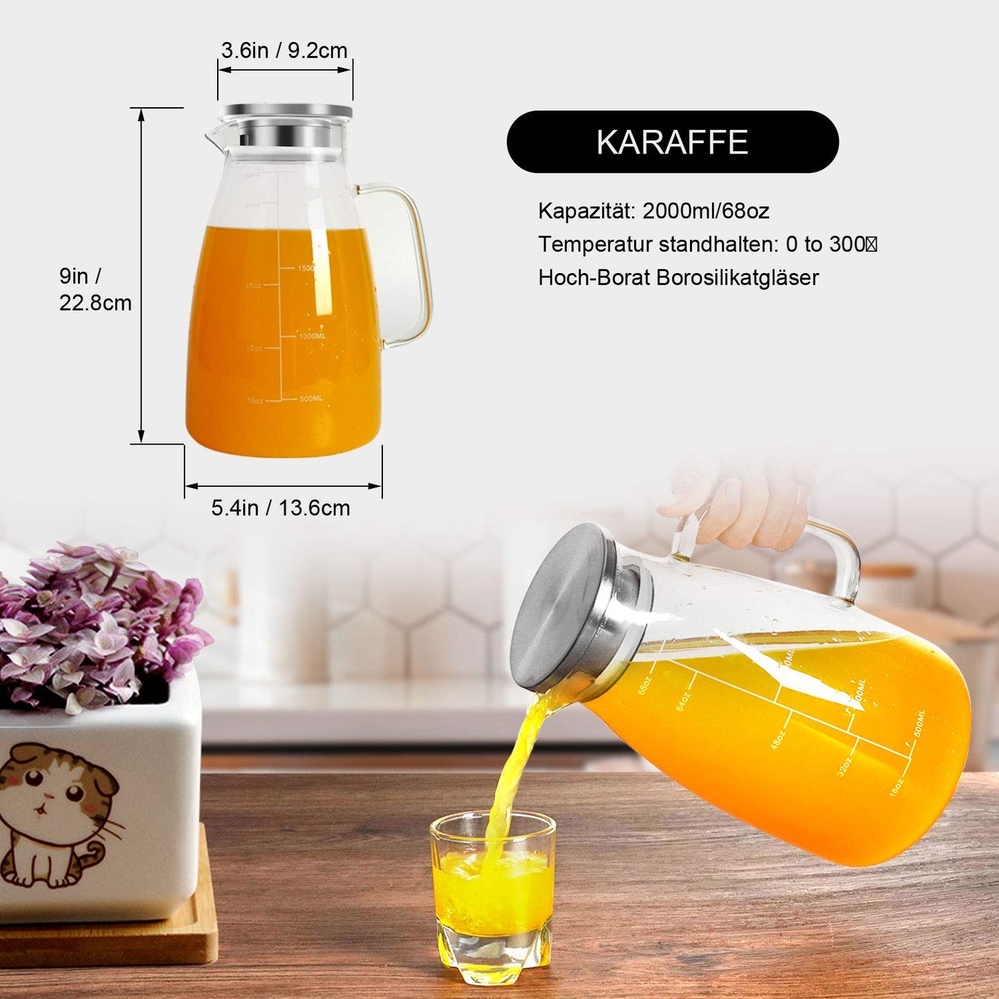 Aofmee Karaffe, Karaffe 2 Liter, Glaskaraffe, Wasserkaraffe, Karaffe Glas, Glaskaraffe mit Deckel, Wasserkrug, Glaskrug, Wasserkaraffe mit Kühlung, Eistee Krug Saft Krug, Getränkekaraffe Glaskanne