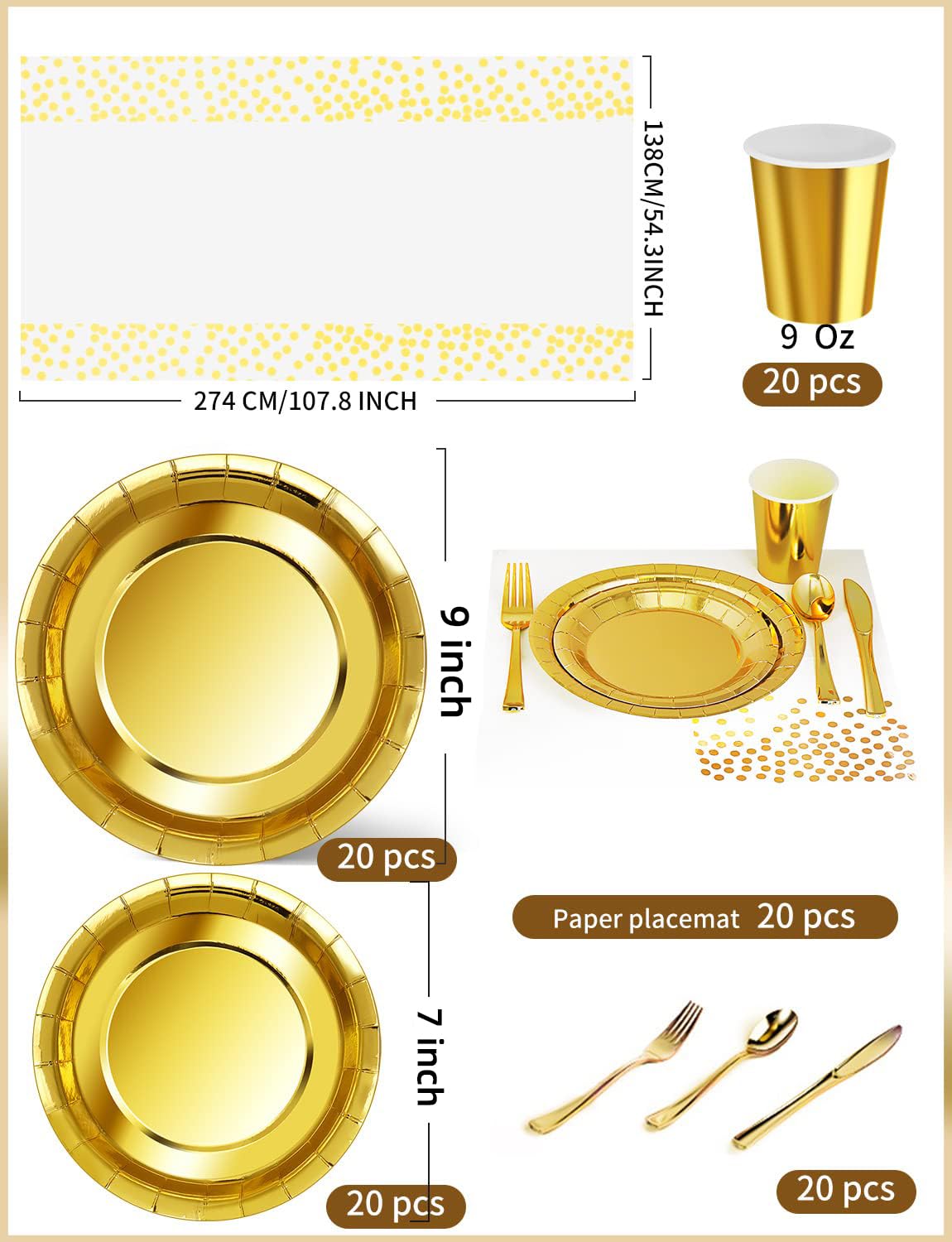 141Stück Weißgold Partygeschirr,Partyzubehör Pappteller Set,Wiederverwendbar Papier Geschirr Set einschließlich Tischdecke Teller Becher Servietten zum Geburtstag,Hochzeiten,Jubiläums(20 Gäste)