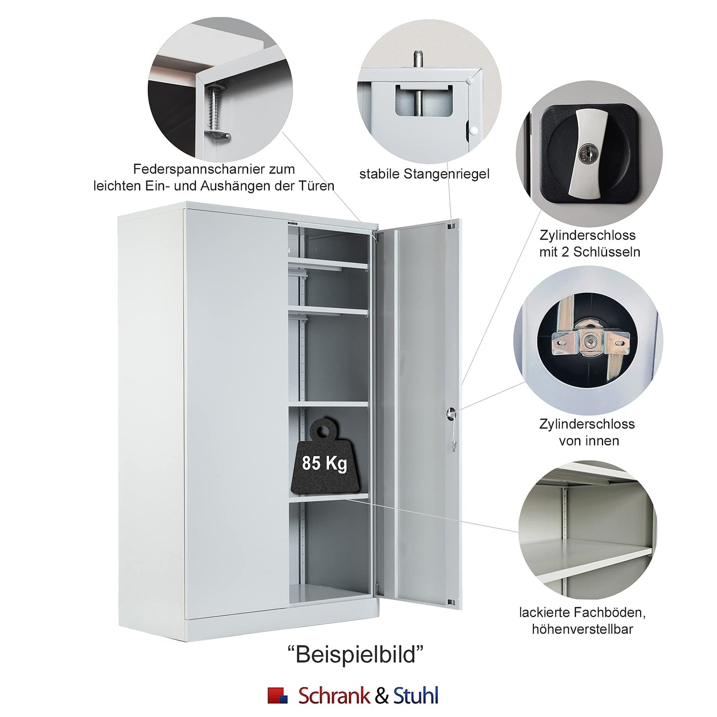 Schrank & Stuhl XL Werkzeugschrank – Werkstattschrank mit 4 höhenverstellbaren Fachböden, Stahlschrank für Werkzeuge, 195 x 92 x 50 cm (H x B x T), Grau/Weiß