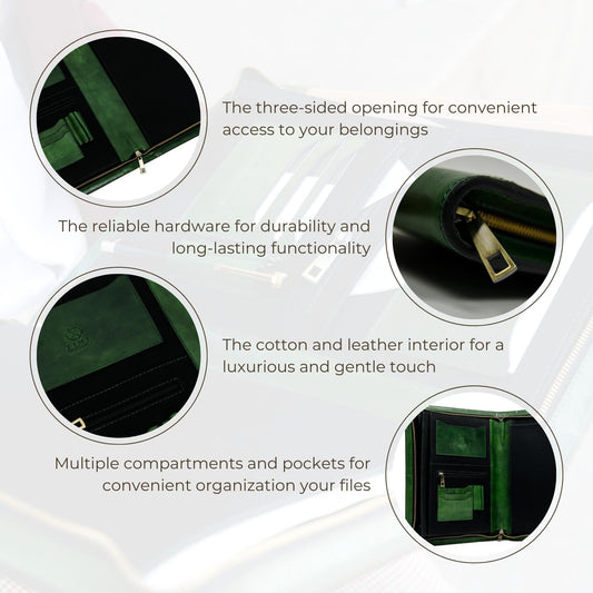 Leder Schreibmappe A4 - Konferenzmappe für Herren - Organizer Mappe - Stylische Aktenmappe - Grün - Time Resistance