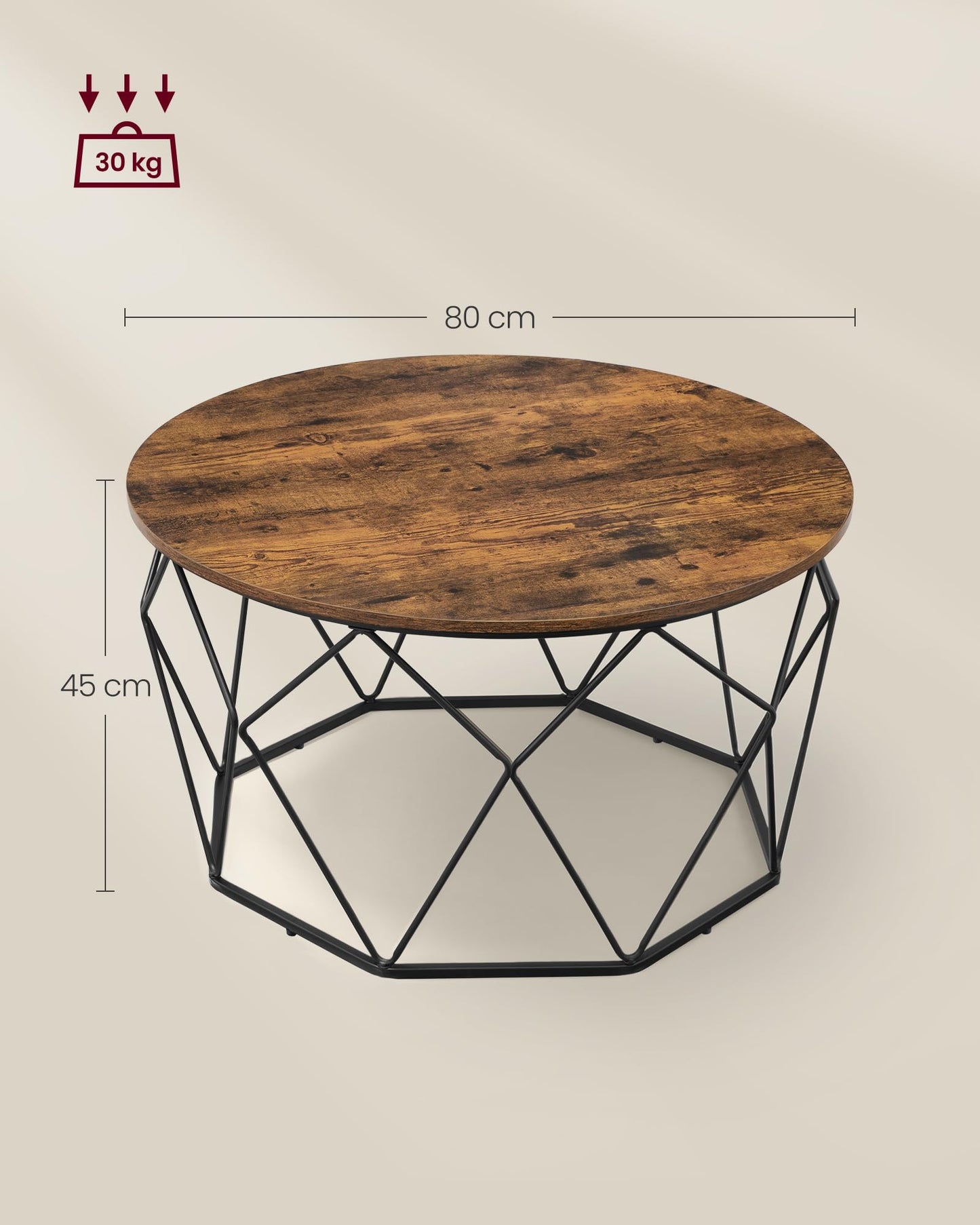 VASAGLE Runder Couchtisch, Braun, Industrie-Design, Beistelltisch mit Stahlgestell und Aufbewahrung, für Wohnzimmer und Schlafzimmer
