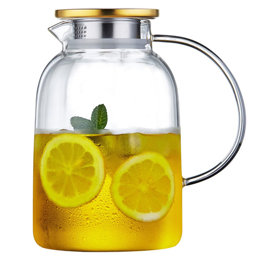 MESNEY Karaffe 2 liter, Wasserkaraffe, Glaskaraffe mit Deckel und Auslauf, Borosilikatglas Wasserkaraffe, Spülmaschinenfest, Getränkekanne für hausgemachten Eistee und Saft