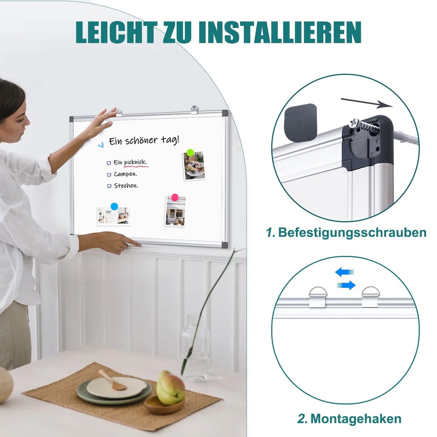 QUEENLINK Magnetisch Whiteboard, 57x90cm, Magnettafel mit Aluminiumrahmen, Magnetwand White Board mit Stiftablage und Haken