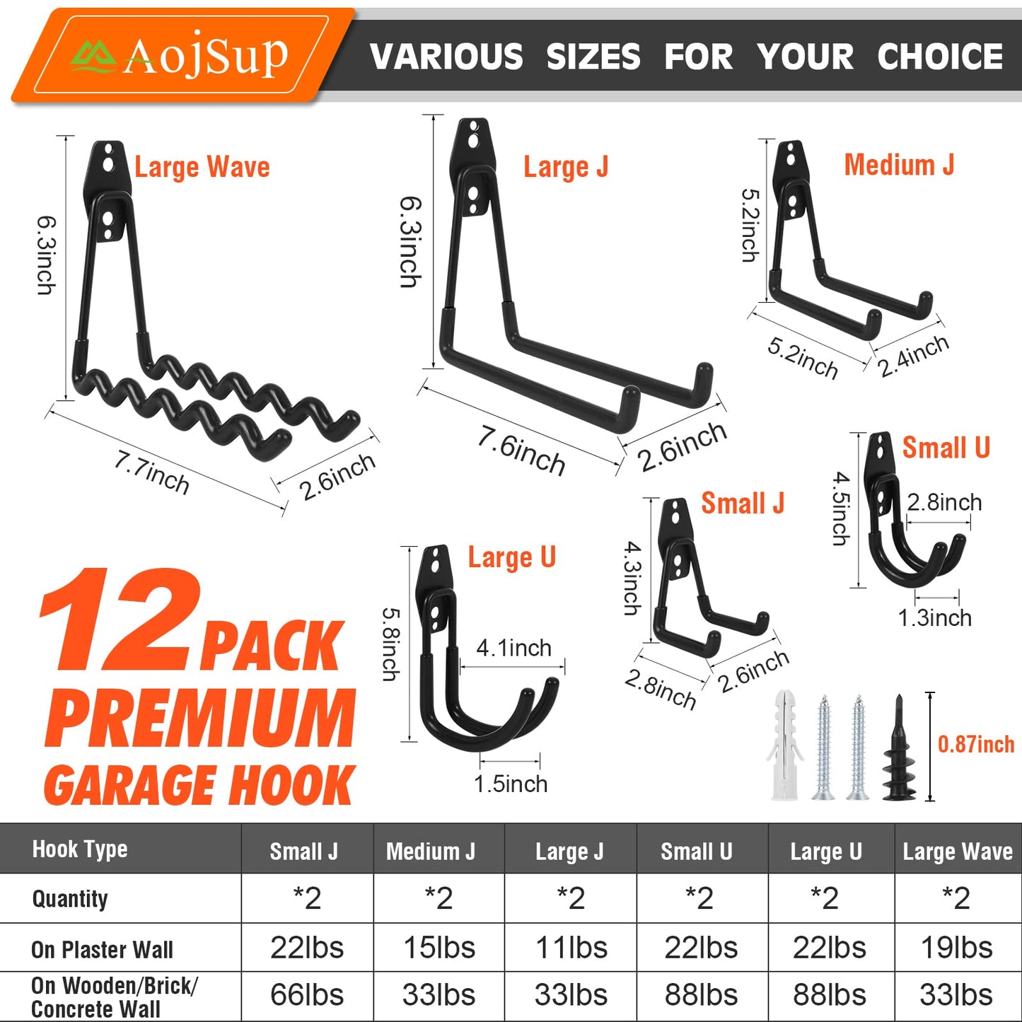 AojSup 12 Stück Wandhaken Garage, Schwerlast Garage Haken, Doppelhaken Garage, Garage Storage Hooks zur Organisation für Leiter, Stuhl, Schlauch, Fahrrädern, Elektrowerkzeugen Sperrigen (Schwarz)