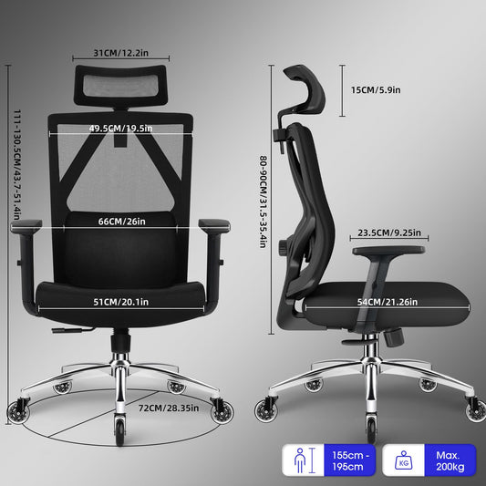 Daccormax Bürostuhl, Ergonomisch, bequem Chefsessel aus Netzstoff, VerstellbarerLordosenstütze,Kopfstütze,Armlehnen,Wippfunktion,Schreibtischstuhl Computerstuhl Home Office Chair bis 200kg
