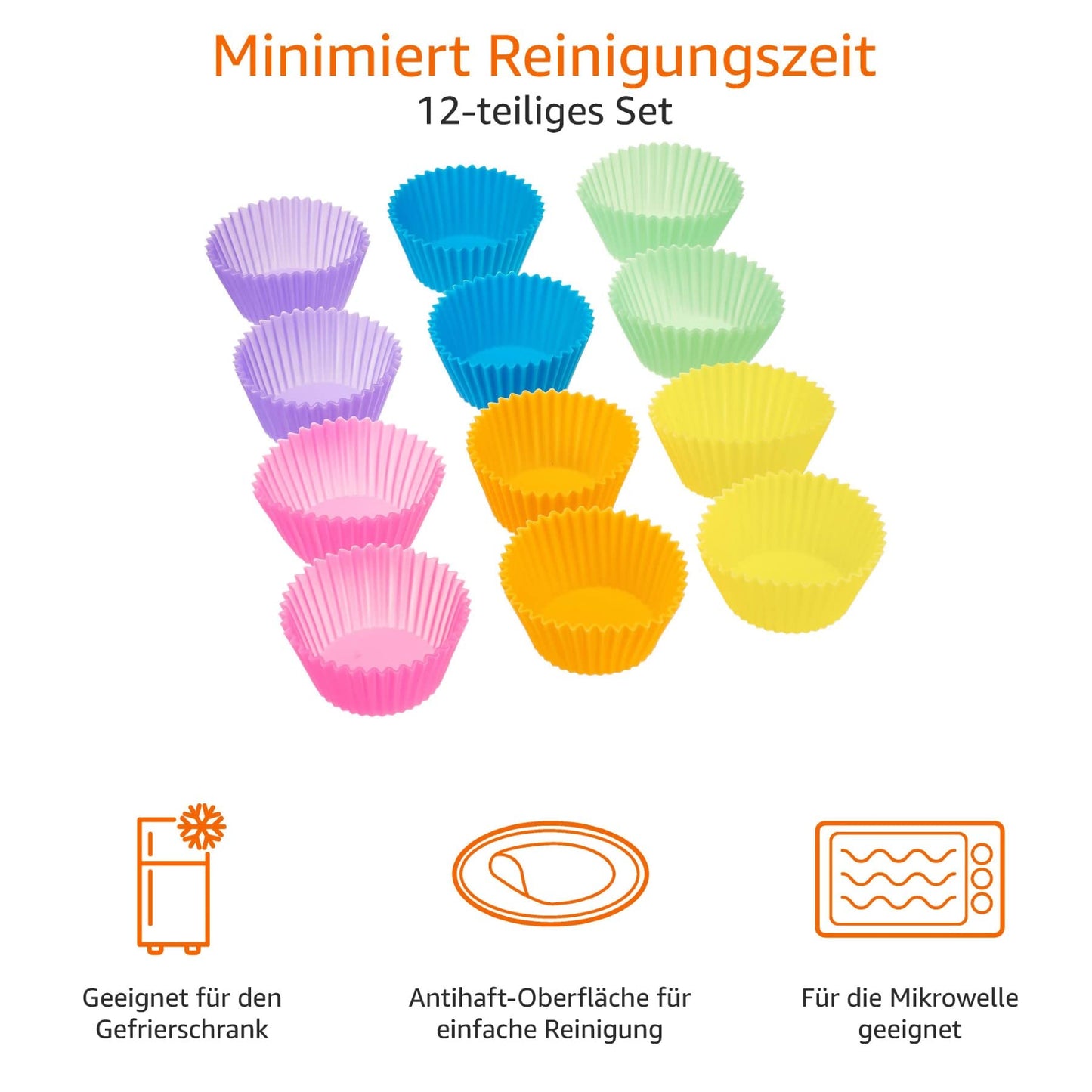 Amazon Basics Rund Wiederverwendbare Backförmchen aus Silikon, 12 Stück (backofenfest bis 220 °C), Mehrfarbig