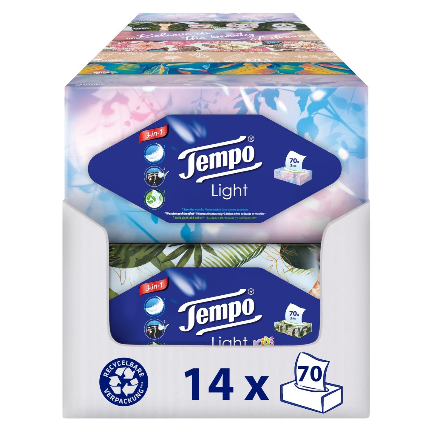 Tempo Light Box Taschentücher - Megapack - 14 Boxen, 70 Tücher pro Box - weiche Papiertaschentücher, waschmaschinenfest