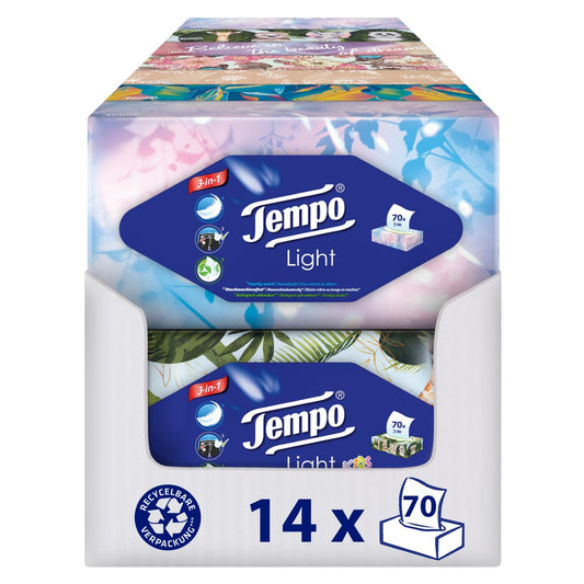 Tempo Light Box Taschentücher - Megapack - 14 Boxen, 70 Tücher pro Box - weiche Papiertaschentücher, waschmaschinenfest