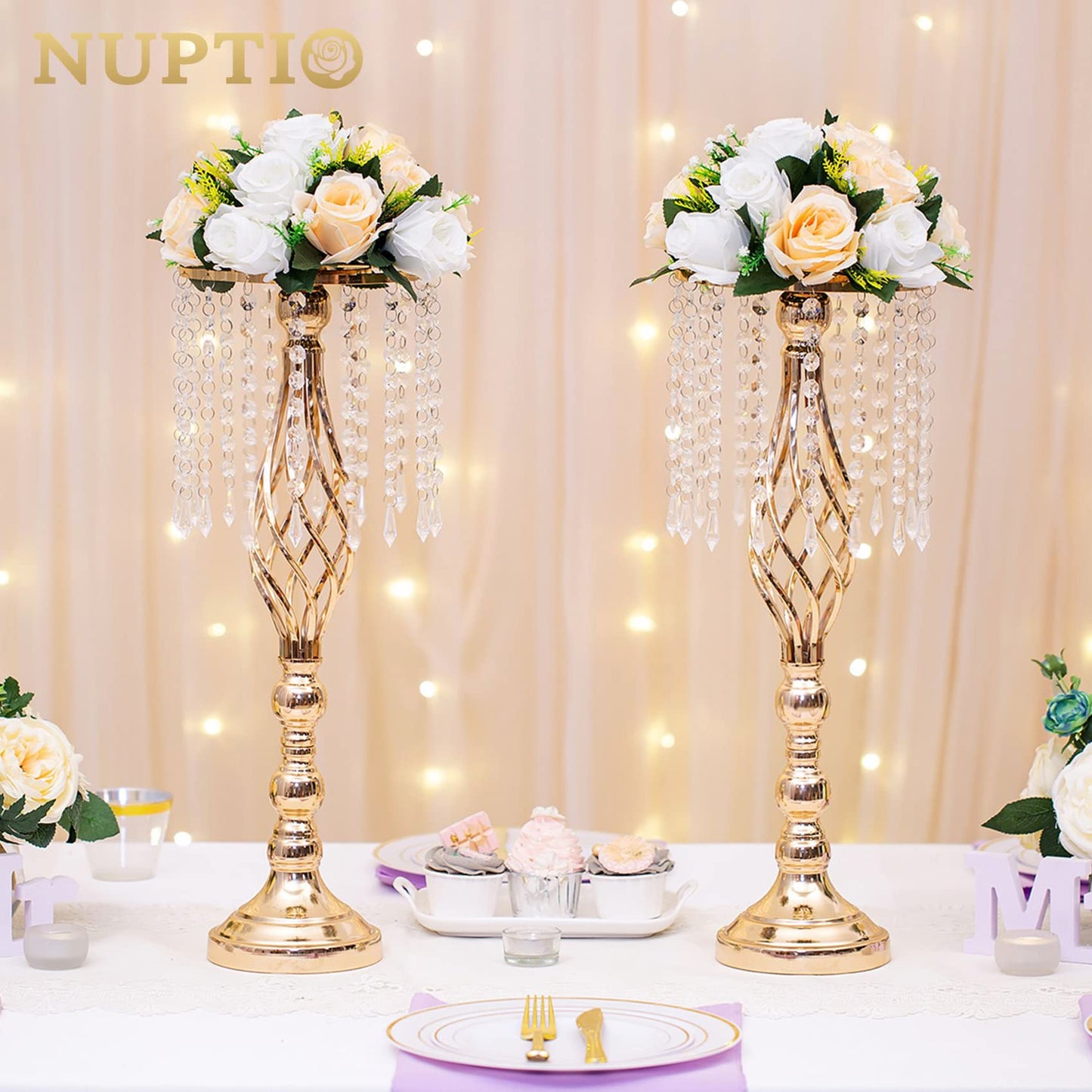 NUPTIO 2 Stück Künstliche Blumenstrauß, 15 Köpfe Kunststoff Rosen mit Sockel, Geeignet für Unser Geschäft Hochzeit Herzstück Blumenregal für Parteien Valentinstag Dekoration(Champagner & Weiß)