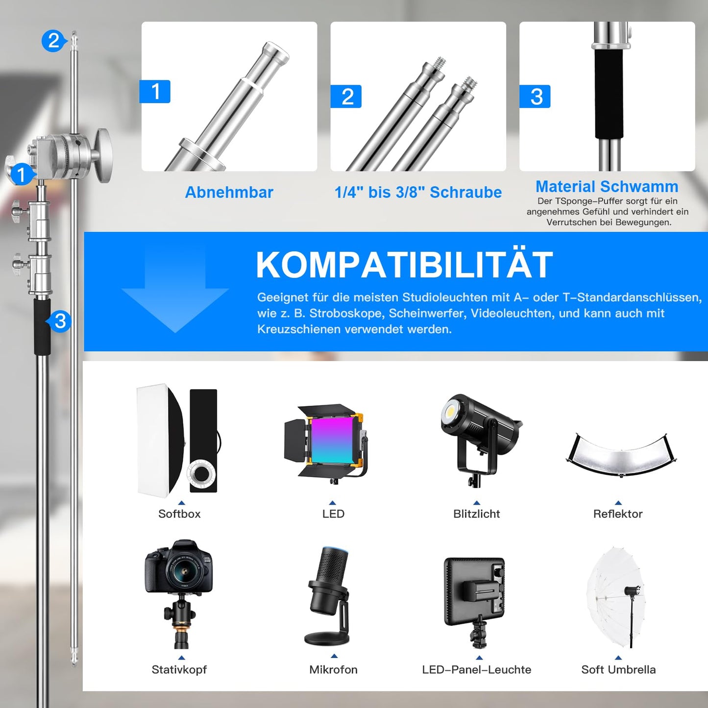 Soonpho C Stand 3m Edelstahl Heavy Duty mit Galgenstativ 330cm und 130cm Haltearm Kit,4 Grip Head Einstellbar,Lichtstativ,für,Softbox,Aufnahmestudio,Monolights,Fotoreflektoren,Flash,Kamera