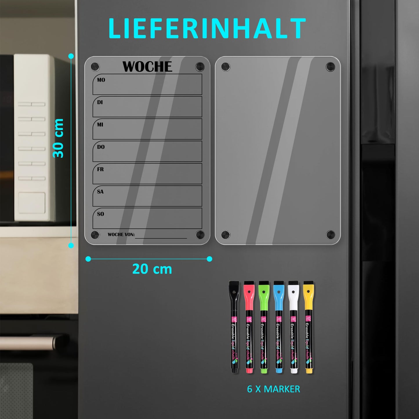 BIROYAL 2 Stück Wochenplaner Abwischbar, Acryl Wochenplaner Magnetisch, Kühlschrank Kalender Magnetisch, Transparent Planungstafeln mit 6 Whiteboard-Stift Haushaltsplan