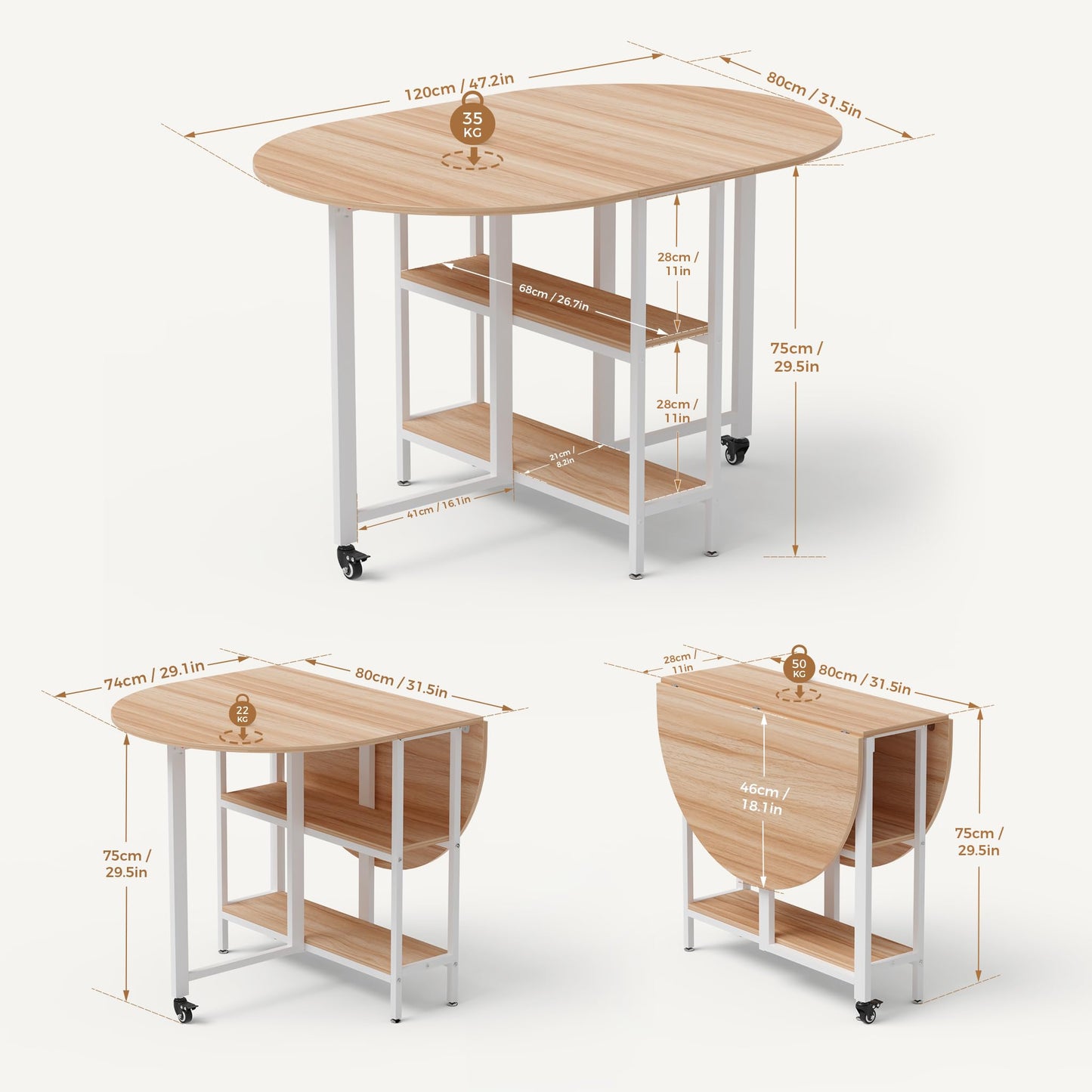 Mondeer Mobiler Klappbarer Esstisch, Klapptisch mit 2 Offenen Ablagen, Rundes Kanten Design, Kleine Räume Esszimmer Küche, 120 x 80 x 75 cm, Eiche und Weiß