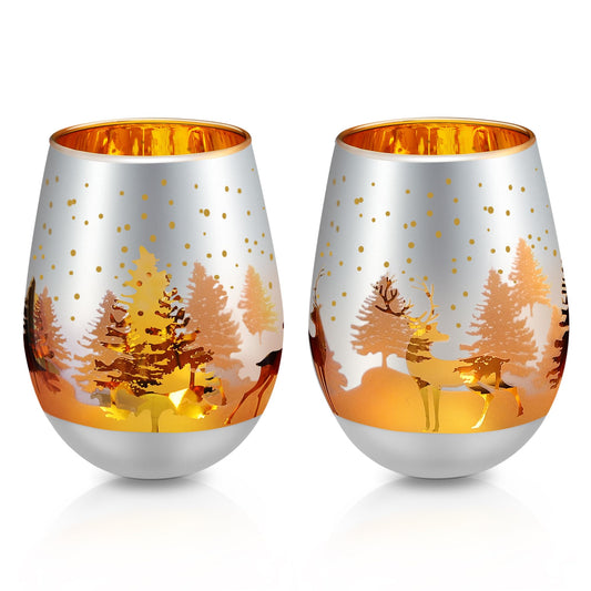 Joeyan 2er Set Weingläser Weihnachten ohne Stiel, 540ml Silber Rotweingläser mit Gold Weihnachtsbaum Elch Schneeflocken Muster,Geschenk Weihnachten