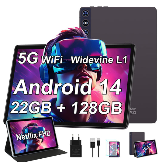 ZIOVO Tablet 10 Zoll mit 22GB RAM+128GB ROM (1TB TF), Android 14 Tablet mit 5G WLAN | Widevine L1 | Octa-Core 2.0 GHz | GMS | 8000mAh | FHD 1280 * 800 | 5+8MP | BT 5.0 | AGPS | Tablet mit Case - Grau