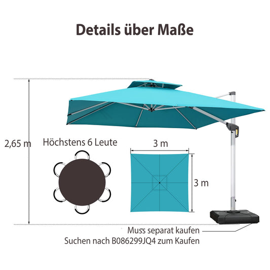 PURPLE LEAF Sonnenschirm Balkon 300 x 300 cm Ampelschirm Drehbar Neigbar Kippbar Marktschirm Groß 360°Rotation, Gartenschirm mit Kurbel, XXL Sonnenschutz UV50+, Türkis