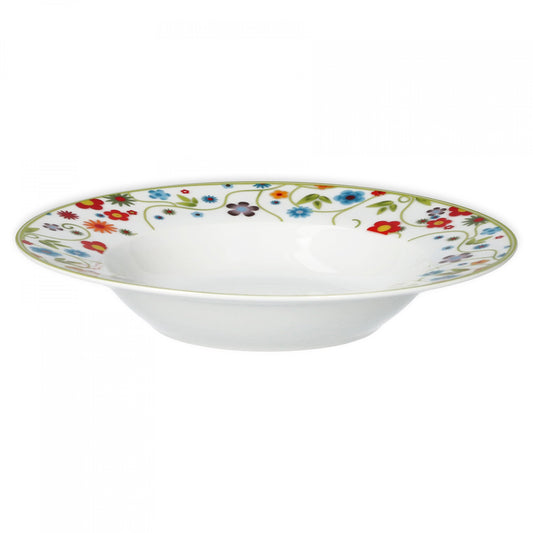 van Well Vario Suppenteller-Set 6-teilig - Teller-Service für 6 Personen - tiefe Pasta-Teller 21,5cm - Porzellan-Set weiß mit Rand in Flower-Design - Salat-Teller mikrowellengeeignet