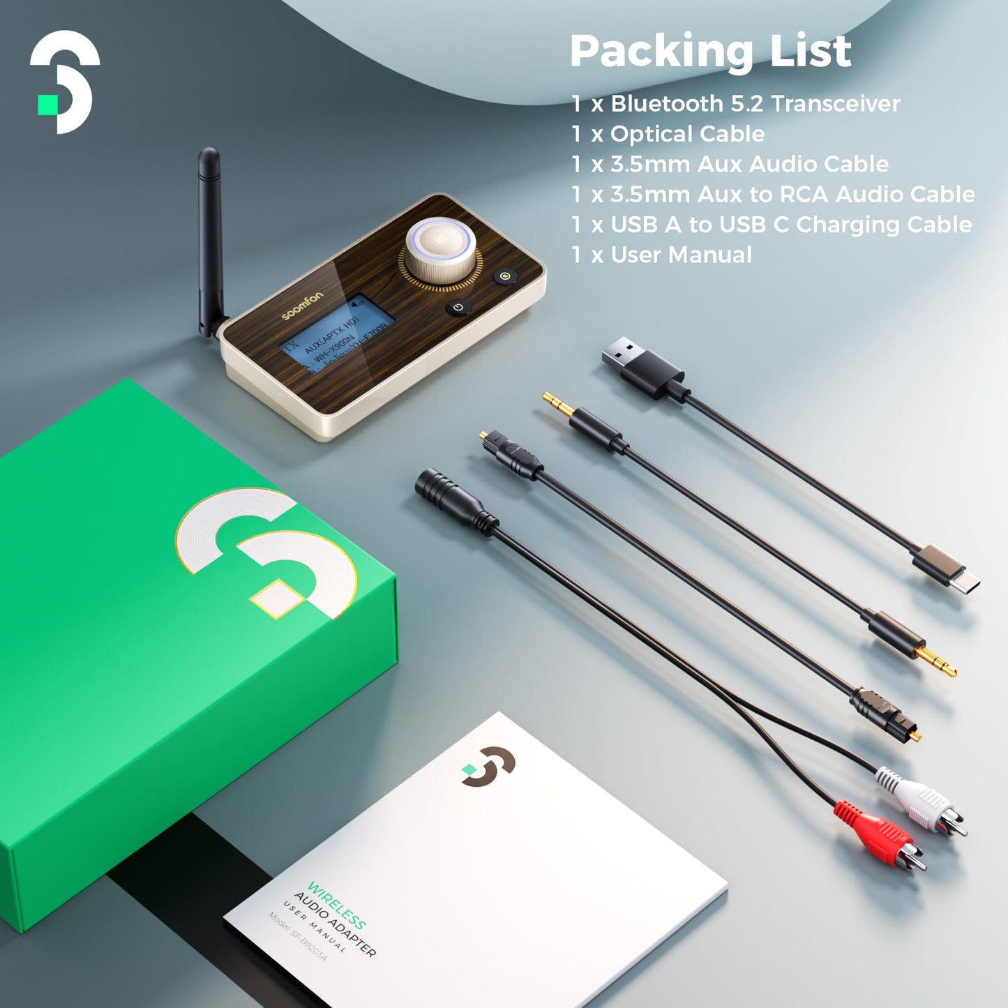 SOOMFON aptX LL & HD Bluetooth 5.2 Sender Empfänger, 3-in-1 HiFi Bluetooth Adapter Transmitter Receiver für TV, Stereoanlage & Kopfhörer, Lautstärke Regeln, Duale Verbindung, Aux/Optisch/RCA
